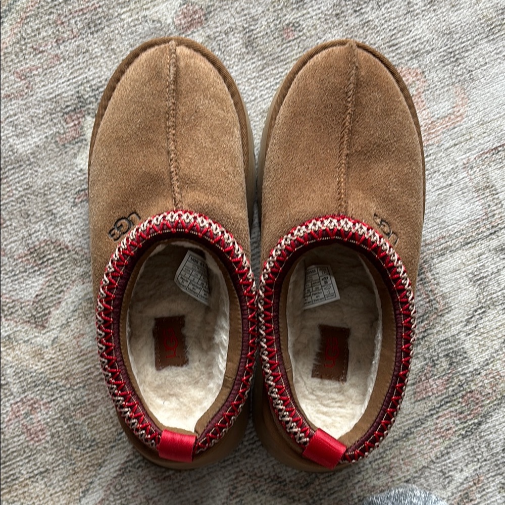 UGG Tan Slippers with Red Trim